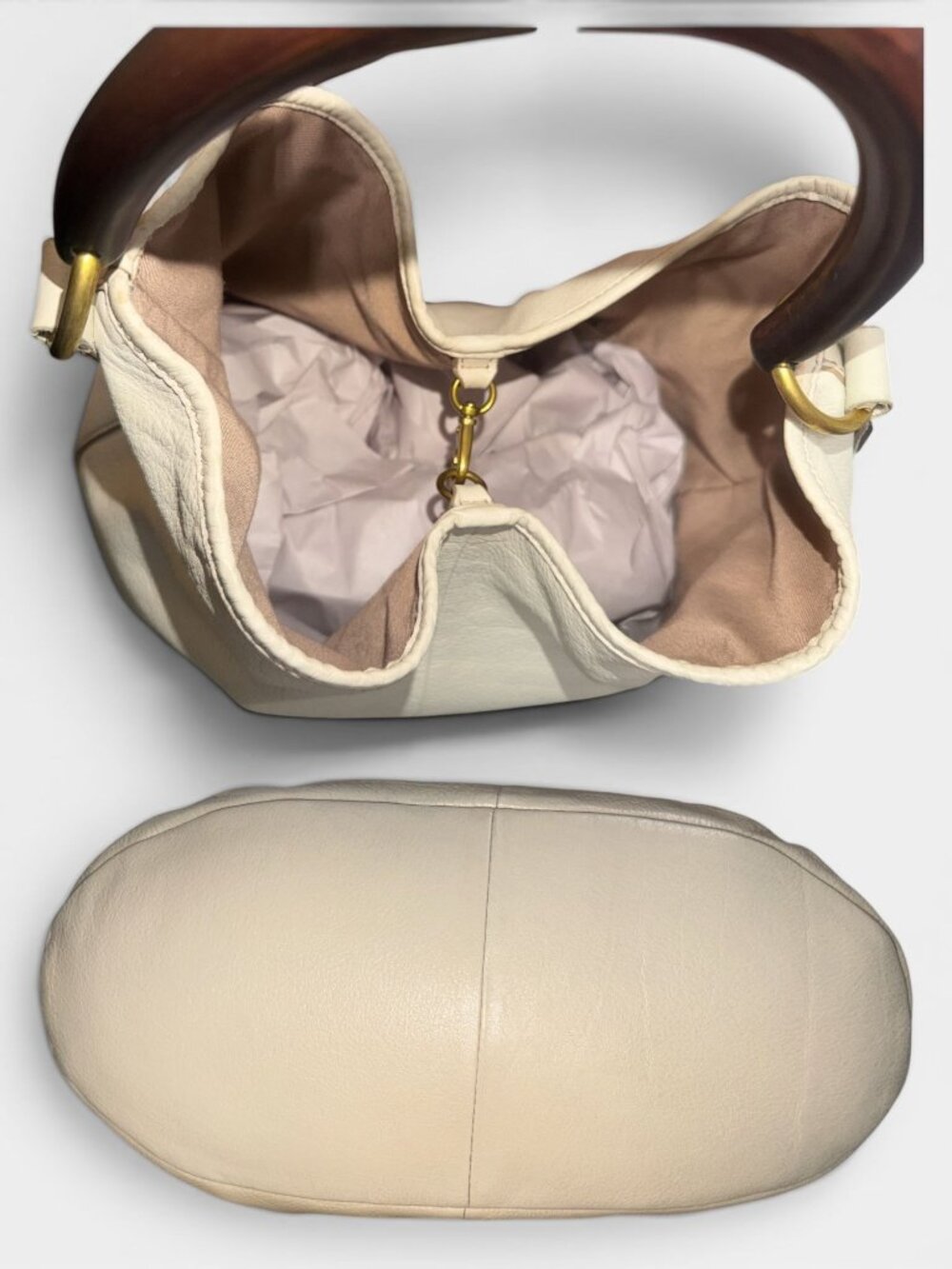 VTG J Crew Horn Handle Hobo Bone White Pebbled Leather Slouchy Shoulder Bag Boho - Picture 9 of 11